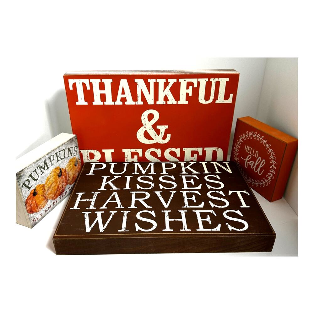 4 decorative signs pumpkin thankful blessed fall kisses harvest wishes